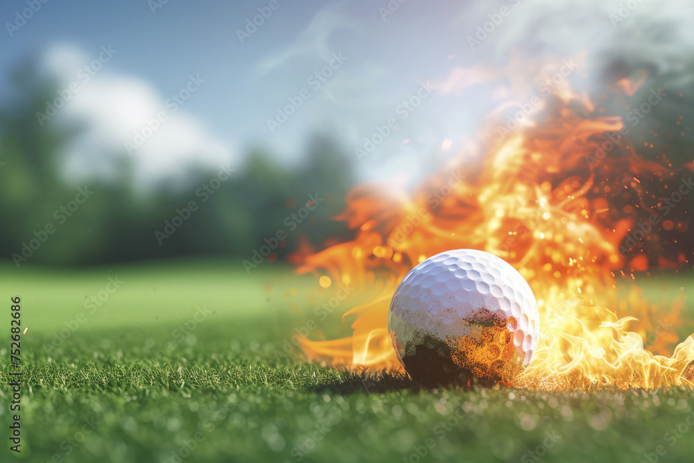 Golf ball engulfeGolf ball engulfed in flames at heart of golf course. Radiation of intense heat creates surreal juxtaposition against tranquil backdrop of fieldd in flames at heart of golf course - obrazy, fototapety, plakaty 