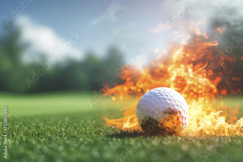 Golf ball engulfeGolf ball engulfed in flames at heart of golf course. Radiation of intense heat creates surreal juxtaposition against tranquil backdrop of fieldd in flames at heart of golf course
