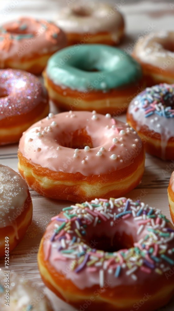 Assorted donuts with different glazes and sprinkles, close-up, ideal for bakery menus and sweet treat promotions Assorted donuts with different glazes and sprinkles, close-up, ideal for bakery menus and sweet treat promotions