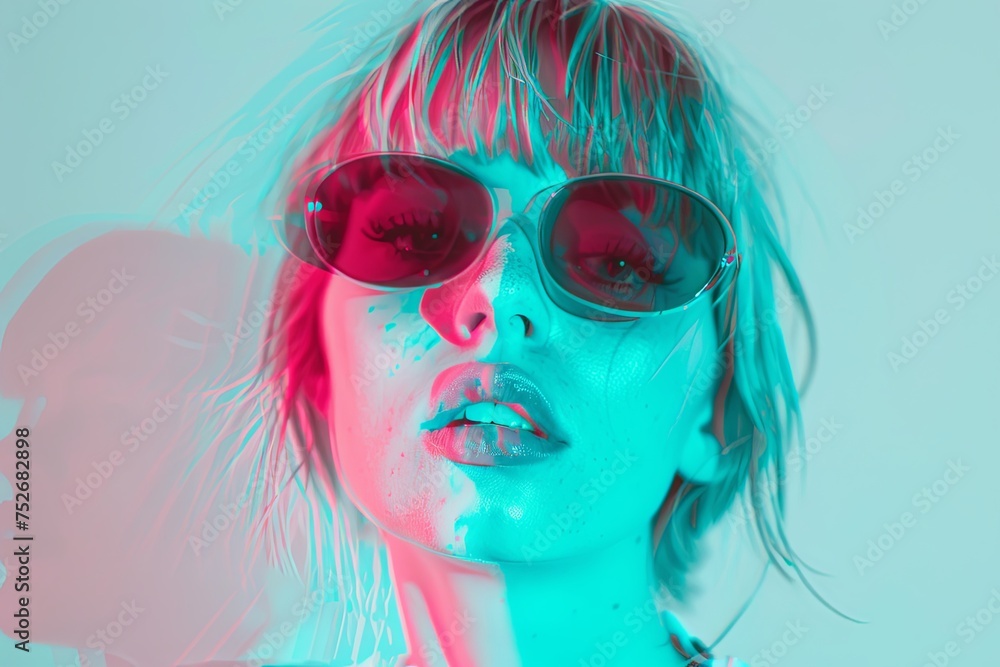Portrait of woman in neon colored room