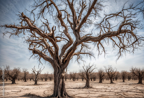 A bare tree stands in the center of a barren field with a hazy blue sky in the background. © Anek