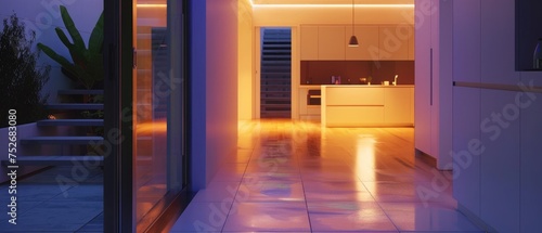 Wallpaper Mural Passageway with open door by open plan illuminated kitchen in new contemporary home Torontodigital.ca