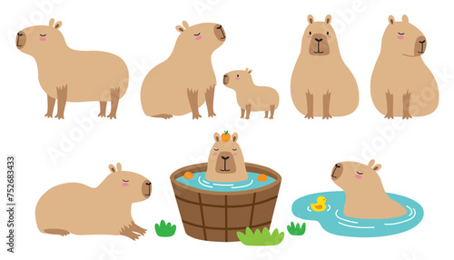Cute capybara in various poses vector illustration set. Capybara in onsen water. Mom and baby capybara. © JungleOutThere