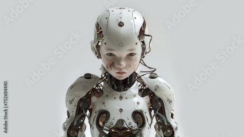  machina beautiful armored humanoid robot child, cute, anatomical, transparent skin, symmetry, by Bouguereau and Mucha，with a straight face， Straight into the camera, entire body photo