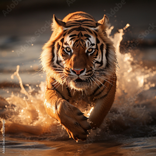 Tiger gracefully running along the shore, bathed in soft lighting.