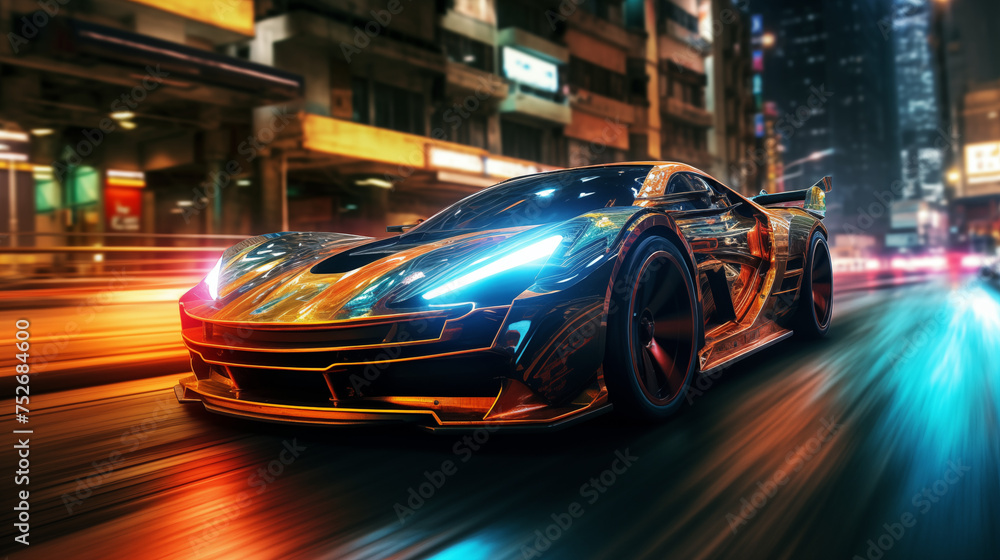 Visualize the sleek, futuristic car gracefully gliding through a bustling cityscape at night, bathed in the vibrant glow of neon lights, streaks of light trailing behind it like shooting stars Visualize the sleek, futuristic car gracefully gliding through a bustling cityscape at night, bathed in the vibrant glow of neon lights, streaks of light trailing behind it like shooting stars