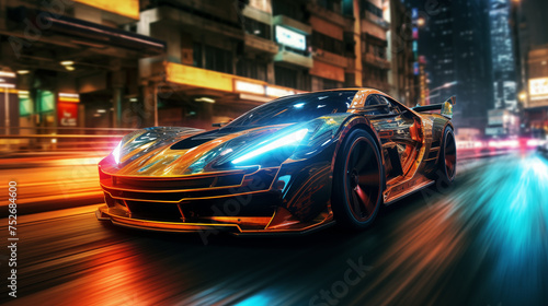 Visualize the sleek, futuristic car gracefully gliding through a bustling cityscape at night, bathed in the vibrant glow of neon lights, streaks of light trailing behind it like shooting stars
