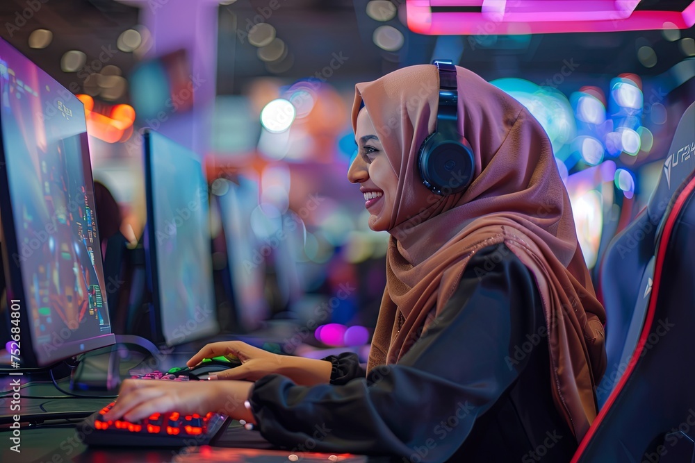 Side view portrait of Muslim young woman playing video games Side view portrait of Muslim young woman playing video games