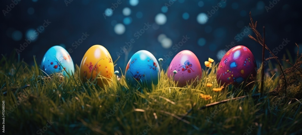 Easter landscape, bunnies with colorful eggs and daisy flower on meadow under beautiful sky. Easter landscape, bunnies with colorful eggs and daisy flower on meadow under beautiful sky.