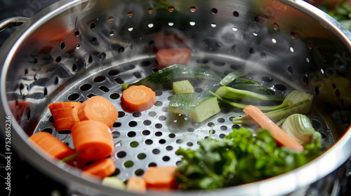 The inside of a vegetable steamer showing evenly spaced holes that allow the steam to circulate and cook vegetables to perfection. photo