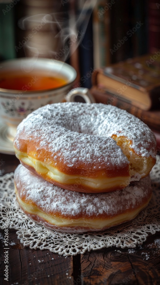 Single Perfectly Glazed Donut with Powdered Sugar on a Wooden Background, Paired with a Cup of Tea, Depicting a Quiet Moment of Indulgence Single Perfectly Glazed Donut with Powdered Sugar on a Wooden Background, Paired with a Cup of Tea, Depicting a Quiet Moment of Indulgence