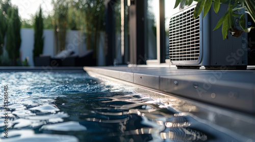 The pool heaters energy efficiency is evident in its compact design and minimal electricity usage making it an environmentally friendly choice. photo
