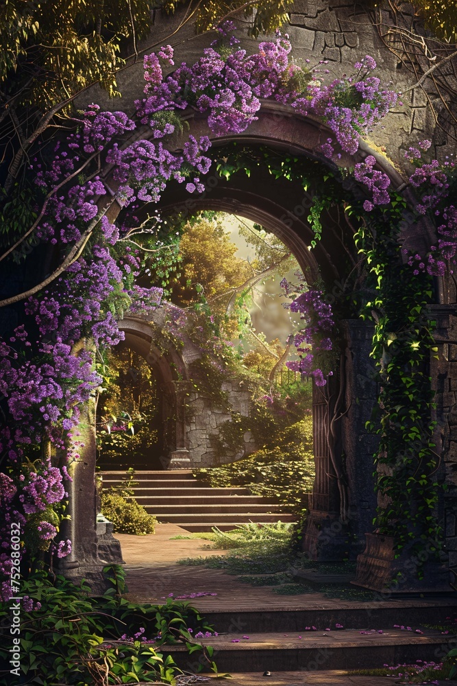 Obraz premium An archway adorned with purple flowers, creating a picturesque gateway to a realm of enchantment and beauty