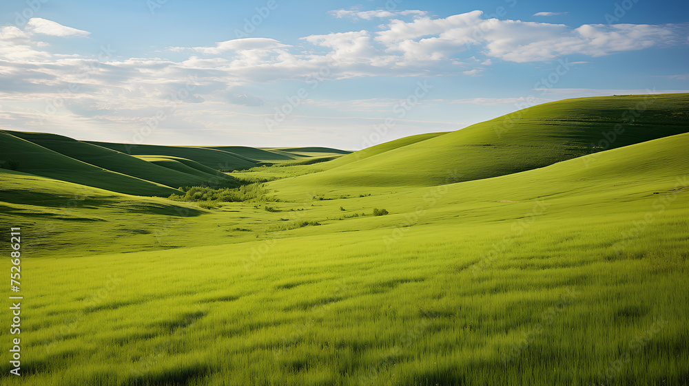 Rolling hills of vibrant green grass with a backdrop of a dramatic cloudy sky, depict a serene rural landscape.
