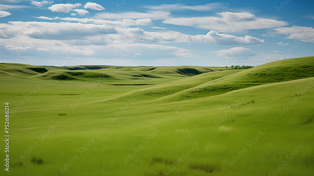 Rolling hills of vibrant green grass with a backdrop of a dramatic cloudy sky, depict a serene rural landscape.
