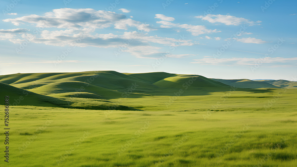 Rolling hills of vibrant green grass with a backdrop of a dramatic cloudy sky, depict a serene rural landscape.
