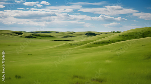 Rolling hills of vibrant green grass with a backdrop of a dramatic cloudy sky, depict a serene rural landscape. 