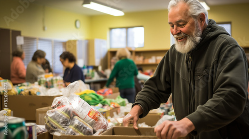 
In a modest community center, a middle-aged man with graying hair diligently organizes supplies, stacks of canned goods and water bottles filling the room photo