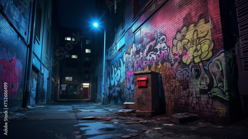 graffiti on the wall In a secluded alleyway off a neon-lit city street at night