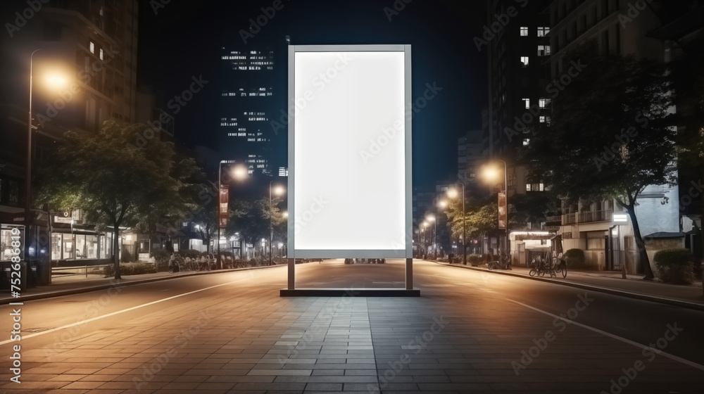  In this mockup, a blank white vertical advertising banner billboard stand is situated on the sidewalk amidst the serenity of the night, its clean surface stark against the dark backdrop