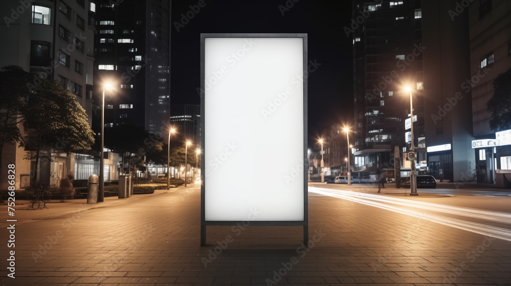 a Mockup. Blank white vertical advertising banners billboard stand on the sidewalk at night
a Mockup. Blank white vertical advertising banners billboard stand on the sidewalk at night