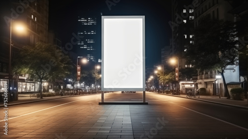  In this mockup, a blank white vertical advertising banner billboard stand is situated on the sidewalk amidst the serenity of the night, its clean surface stark against the dark backdrop