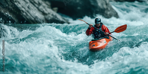 whitewater kayaking down a white water rapid photo