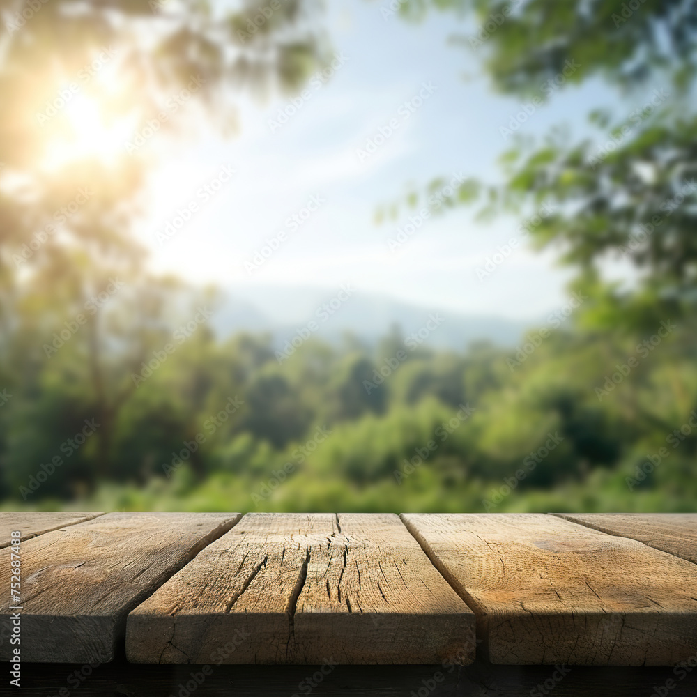 Wooden table in front of blurred nature background Wooden table in front of blurred nature background