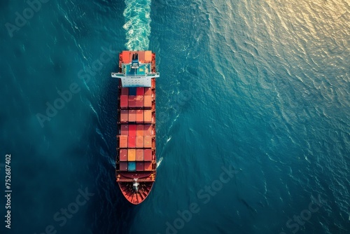 A large cargo ship, carrying containers for import and export, sails through the vast open sea.