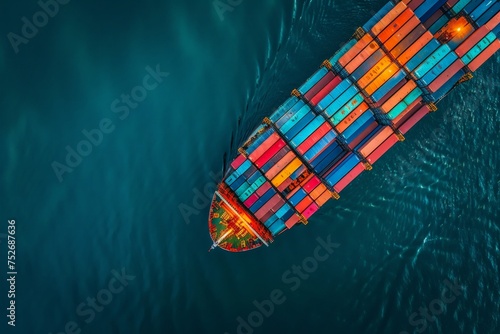 An aerial perspective of a large container ship navigating the open sea, transporting goods for international trade and commerce. © pham