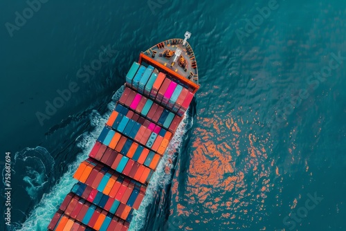 Aerial view of a large container ship navigating through the open sea, carrying cargo for international import and export.