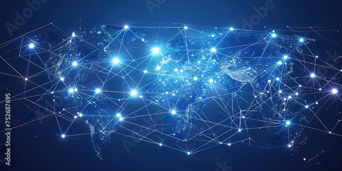 World map with nodes linked by lines communication