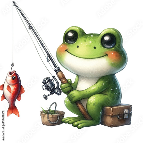 Cute frog sitting and fishing clipart watercolor   