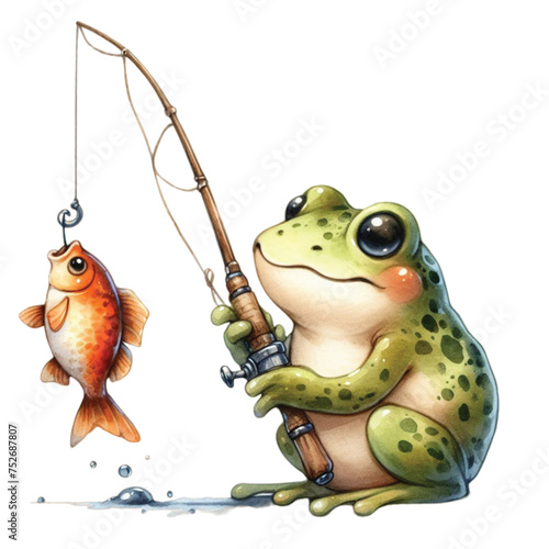 Cute frog sitting and fishing adventure summer holiday clipart watercolor 