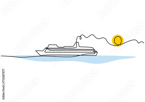Cruise one line drawing. Vector illustration transportation vessel. Voyage passenger ship. Marine holiday vacation concept. Continuous single outline.