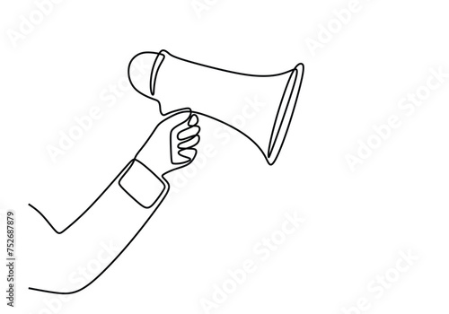 Megaphone one line drawing. Hand holding speaker horn in continuous single outline.