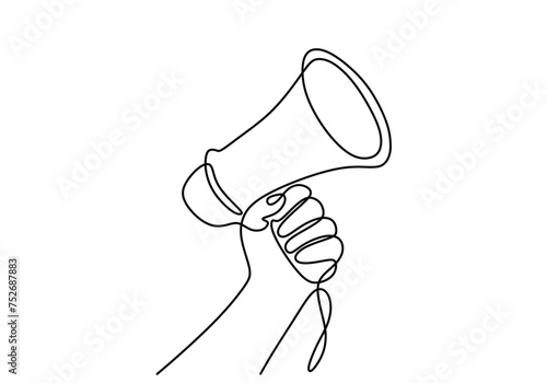 Megaphone one line drawing. Hand holding speaker horn in continuous single outline.
