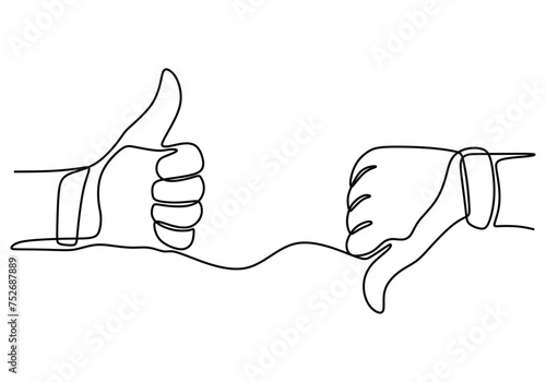 One line drawing of thumbs up thumbs down. Continuous outline symbol. Vector illustration like and dislike concept.