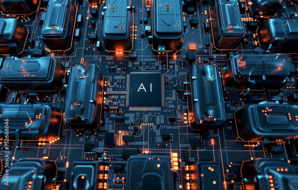 Fototapeta premium Detailed view of a computer circuit board showing intricate components and circuitry. Artificial intelligence pc chip Technology