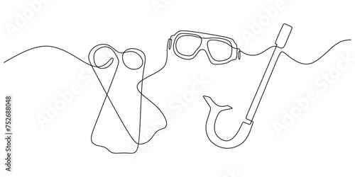 Continuous one line drawing snorkel glasses. Scuba diving mask for swimming. Vector illustration sport vacation activity symbol.