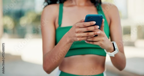 Search, phone or hands of fitness woman in city with online map, guide or checking running route for training closeup. Smartphone, google it or lady runner with app for travel, navigation or workout