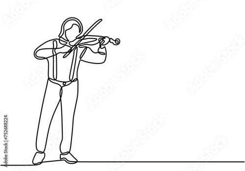 Violin player one line art drawing. Vector illustration person violinist standing and playing music.