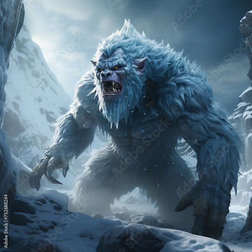 The Glacial Yeti stands tall as an imposing ice entity, sparkling with frost in stunning 8K detail within its icy habitat.