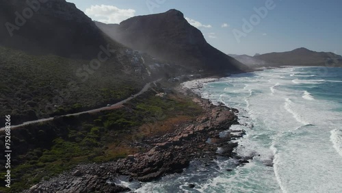 Mountain Road And Ocean Waves In Misty Cliffs, Cape Town, South Africa - Aerial Drone Shot