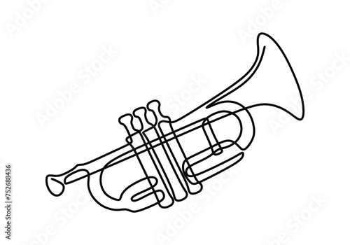 Trumpet one line art drawing. Vector illustration jazz music instrument.