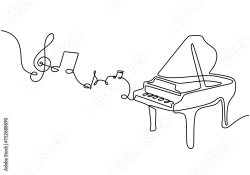 Piano one line drawing. Classical music with notes hand drawn. Vector illustration minimalist art.