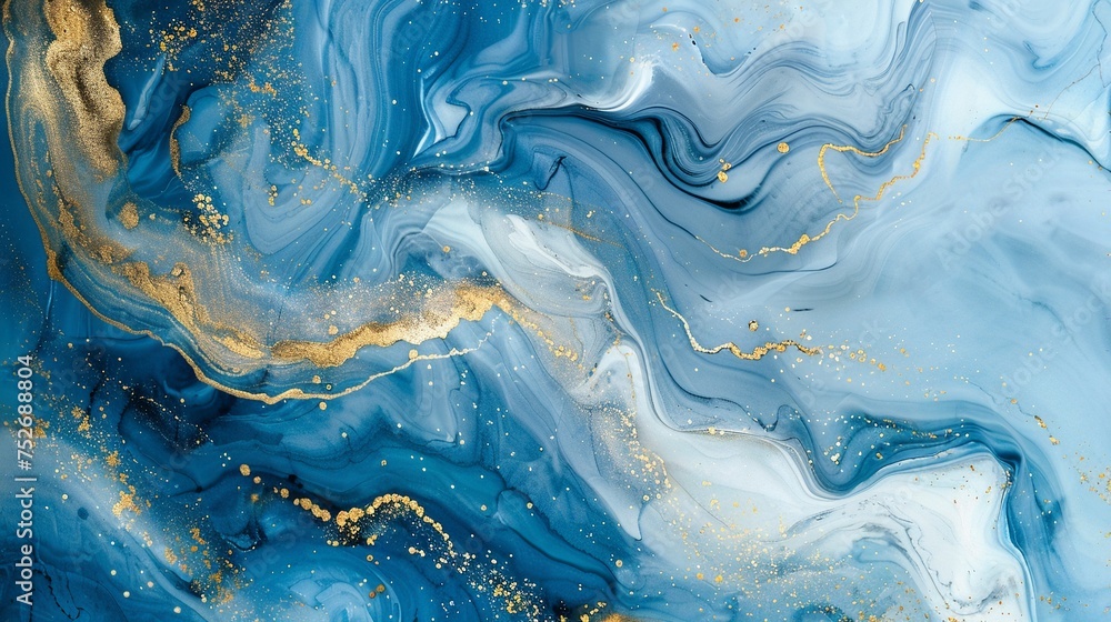 Marble abstract acrylic background. Blue marbling artwork texture. Agate ripple pattern. Gold powder.