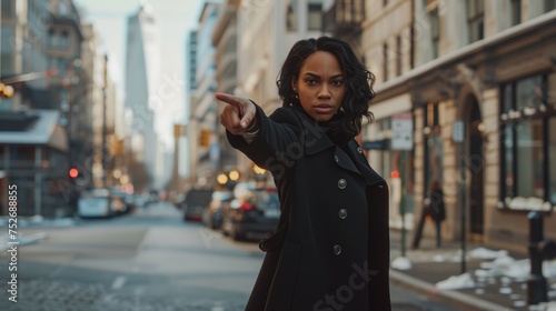 Confident woman pointing on city street.