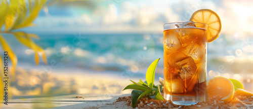 Delicious long island iced tea cocktail on tropical beach with copy space
