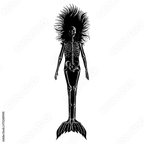 mermaid skeleton hand drawing vector isolated on background.